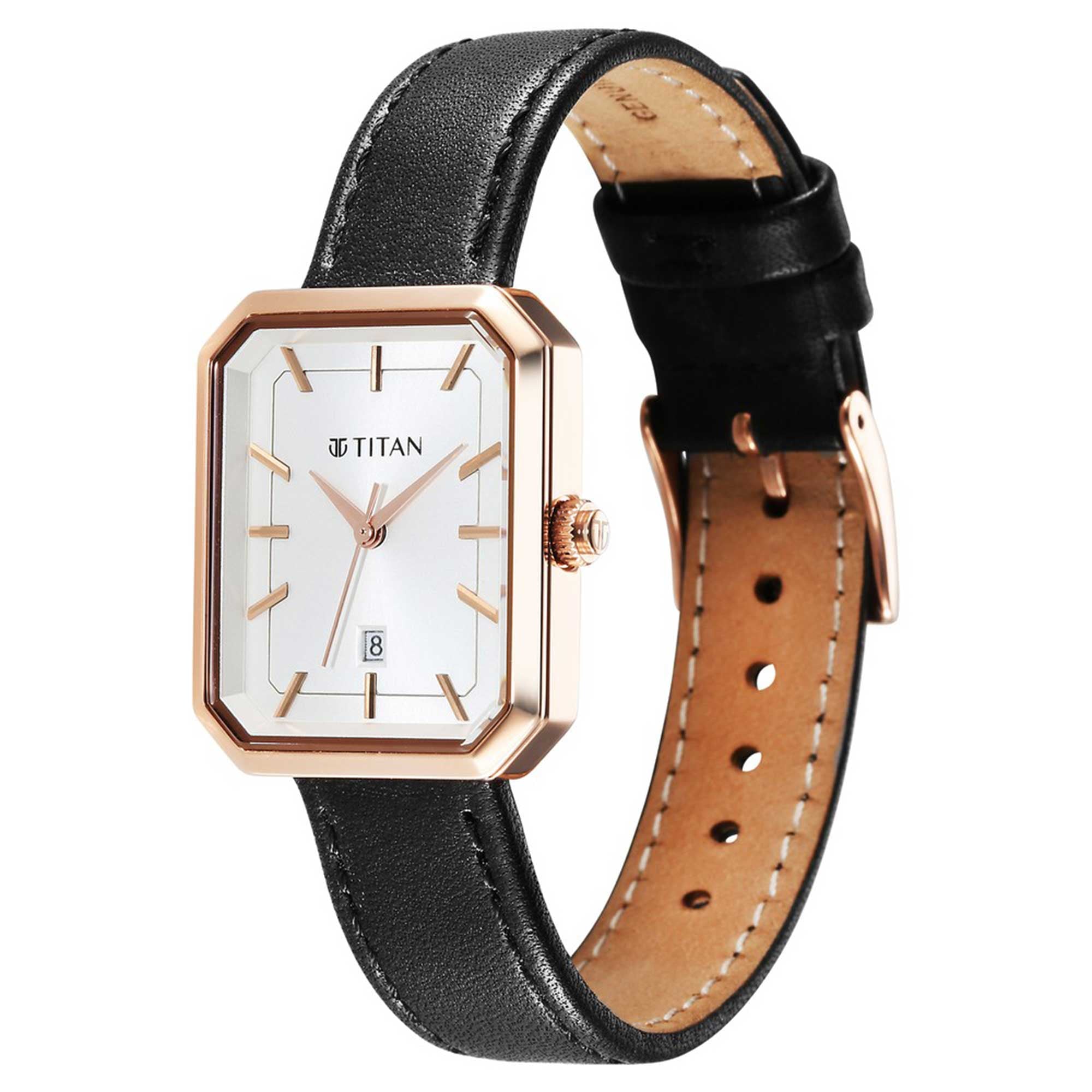 Titan Minimalists Quartz Analog with Date Silver Dial Black Leather Strap Watch for Women