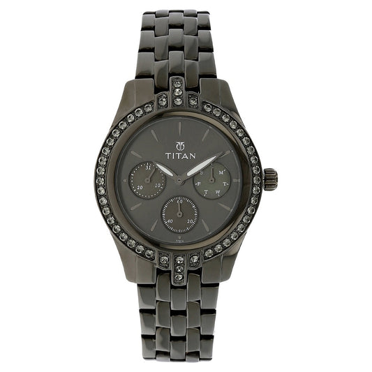 Titan Quartz Analog Grey Dial Stainless Steel Strap Watch for Women