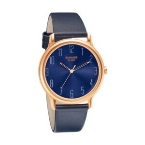 Sonata Sleek Blue Dial Leather Watch 7128WL05