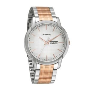 Sonata Beyond Gold – Silver white Dial Analog Watch for Men with Day & Date Function 77031KM02